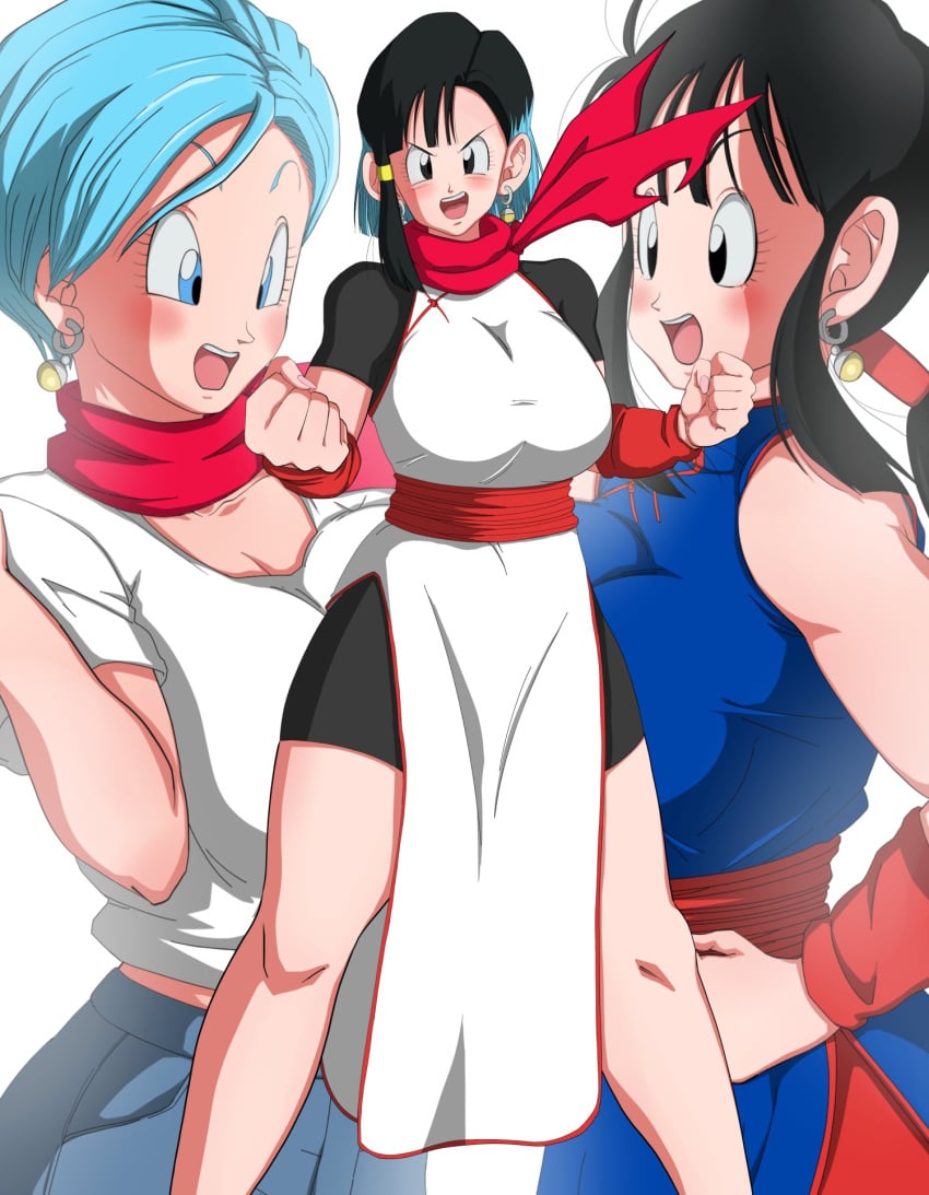 2girls bangs black_eyes black_hair blue_eyes blue_hair blush breast_press breast_squeeze bulma_briefs chichi chulma cleavage clothing dragon_ball dragon_ball_(classic) dragon_ball_super dragon_ball_z earrings fusion hazama_null jeans large_breasts midriff milf multiple_girls open_mouth ponytail short_hair teenage_girl teenager time_paradox tongue