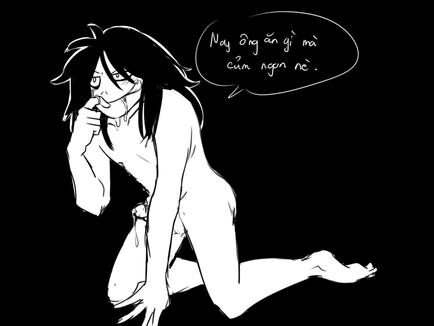 creepypasta doggy_style erection jeff_the_killer kneeling long_hair male monochrome nude penis precum qan saliva solo text text_bubble tongue tongue_out wet