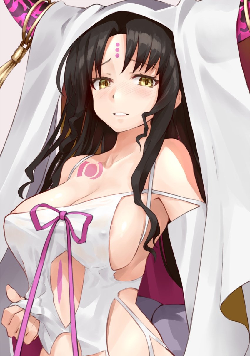 areola_slip areolae bangs bare_shoulders blush breasts clothing_cutout covered_nipples detached_sleeves fate/extra fate/extra_ccc fate_(series) female female highres horns large_breasts long_hair looking_at_viewer navel_cutout nipples parted_bangs parted_lips sesshouin_kiara shunichi upper_body veil very_long_hair wavy_hair yellow_eyes