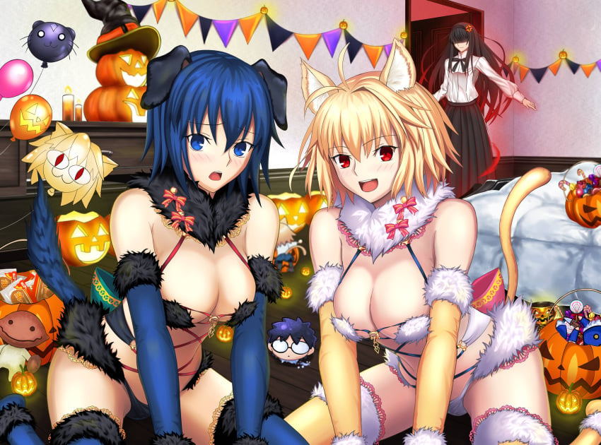 2girls ahoge alternate_costume arcueid_brunestud big_breasts blonde_hair blue_eyes blue_hair blush cat_ears cat_tail catgirl ciel ciel_(tsukihime) cleavage cosplay dangerous_beast detailed_background dog_ears dog_girl dog_tail elbow_gloves fate_(series) fur_bikini fur_collar fur_trim halloween halloween_costume harukey hi_res indoors kemonomimi lace-trimmed_thighhighs lace_trim looking_at_viewer mash_kyrielight_(dangerous_beast)_(cosplay) melty_blood neco-arc open_mouth red_eyes short_hair sitting slit_pupils smile tail thighhighs tohno_akiha tohno_shiki tsukihime type-moon wariza