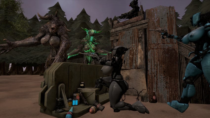 3d 3d_(artwork) ada_(fallout) ammo_box ammunition ammunition_cartridge anthro areolae ass assaultron barbed_wire big_areola big_ass big_breasts big_nipples blue_areola blue_nipples breasts cover deathclaw drinks duct_tape fallout female female_only fighting forest_background glowing glowing_genitalia glowing_nipples glowing_pussy grey_areola grey_nipples gun horn horns kneeling large_breasts laser_gun money monster monster_girl mr._handy nipples nuka-cola nuka-cola_quantum pussy radioactive robot robot_girl scales scalie soda thick_thighs thighs tree trees voluptuous weapon wide_hips