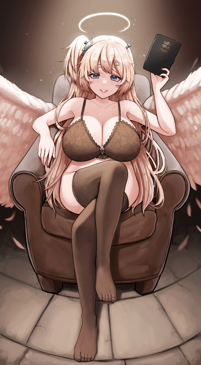 absurdres angel angel_wings bangs black_bra blonde_hair blue_eyes book bra breasts chair cleavage eyebrows_visible_through_hair feathered_wings female female highres hime_hajime holding holding_book lace lace_bra large_breasts long_hair looking_at_viewer matmaj no_panties screw_in_head see-through_legwear side_ponytail sitting smile solo thighhighs underwear virtual_youtuber vshojo wings