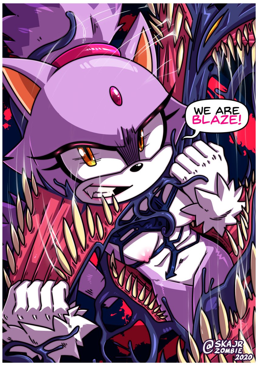 anthro blaze_the_cat breasts domestic_cat english_text exclamation_point felid feline felis female grimace hi_res mammal nude sega sharp_teeth skajrzombie snaggle_tooth solo sonic_(series) sonic_the_hedgehog_(series) speech_bubble symbiote teeth text