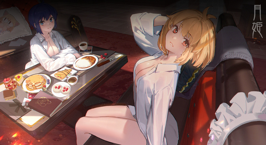 2girls ahoge arcueid_brunestud blonde_hair blouse blue_hair bottomless ciel ciel_(tsukihime) cleavage detailed detailed_background female female_only indoors looking_at_viewer looking_back medium_breasts melty_blood neco-arc no_bra open_shirt red_eyes short_hair sitting smile tsukihime type-moon white_shirt yellow_eyes