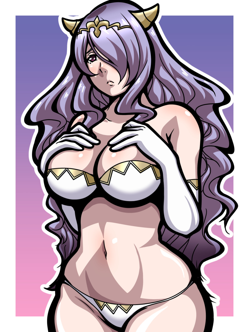 1girls bra breasts camilla_(adrift)_(fire_emblem) camilla_(fire_emblem) elbow_gloves female female_only fire_emblem fire_emblem_fates gloves hair_over_one_eye horns inabakun00 long_hair long_purple_hair medium_breasts nintendo panties purple_eyes purple_hair purple_hair_over_one_eye sad solo underwear very_long_hair wavy_hair white_panties