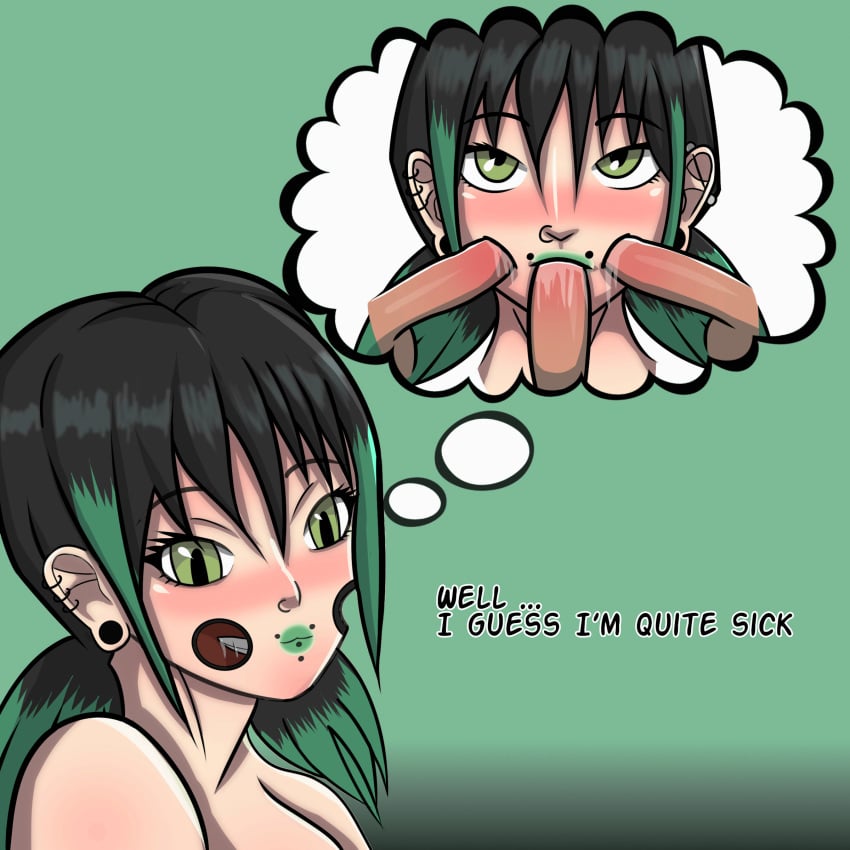 1girls 3boys black_hair blowbang blowjob cheek_hole dreaming emo goth green_eyes green_hair multiple_boys oral original_character saliva sirikahdrawing thinking triple_penetration