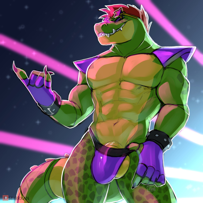 1:1 5_fingers abs alligator alligatorid anthro balls bracelet bulge claws clothing crocodilian eyewear fingerless_gloves fingers five_nights_at_freddy's five_nights_at_freddy's:_security_breach flaccid genitals gloves green_body green_scales hair handwear hi_res jewelry male male_only montgomery_gator_(fnaf) muscular muscular_male navel red_hair reptile scales scalie scottgames seibear sharp_teeth signature smile solo sunglasses teeth video_games