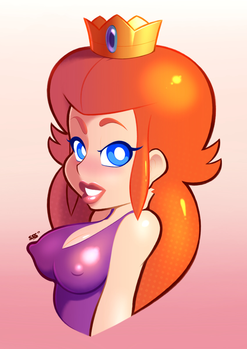 1girls bare_shoulders blue_eyes blush breasts cleavage clothed clothing crown dic_entertainment female female_only gradient_background half-closed_eyes human human_only light-skinned_female light_skin lips lipstick long_hair looking_at_viewer mario_(series) medium_breasts nintendo nipples_visible_through_clothing one-piece_swimsuit orange_hair princess_peach princess_toadstool princess_toadstool_(dic_cartoons) purple_clothing purple_swimsuit shiny_clothes shiny_hair shiny_skin showing_teeth smile solo solo_female supersegasonicss swimsuit the_super_mario_bros._super_show! thick_eyebrows upper_body