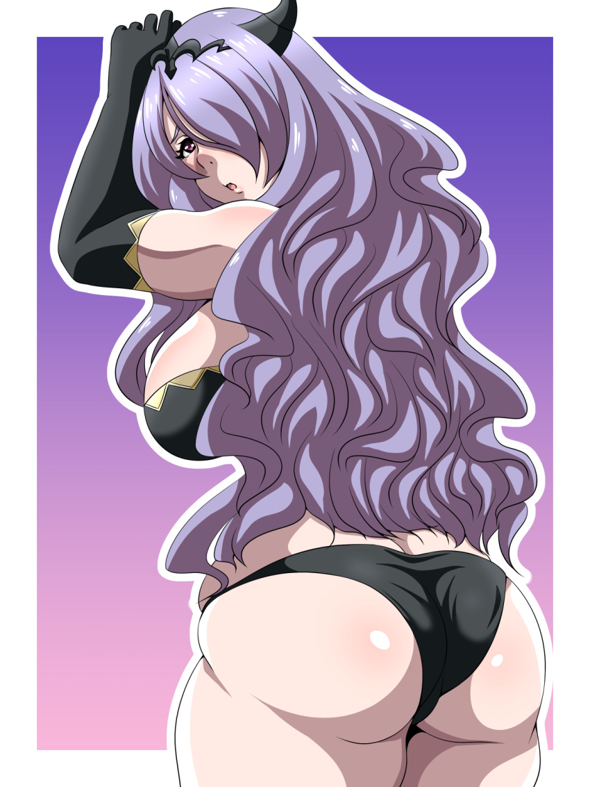 1girls ass bare_thighs big_ass black_panties bra breasts camilla_(fire_emblem) female female_only fire_emblem fire_emblem_fates hair_over_one_eye inabakun00 large_breasts long_hair long_purple_hair looking_at_viewer looking_back nintendo open_mouth panties purple_eyes purple_hair purple_hair_over_one_eye solo thick_thighs thighs underwear very_long_hair