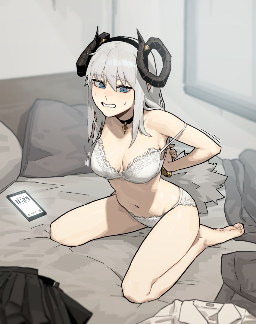 1girls 2021 bed blue_eyes bra cellphone cleavage collar dressing female gogalking horn horns insact lingerie original pale-skinned_female panties petite putting_clothes_on riritua solo solo_female solo_focus underwear white_hair