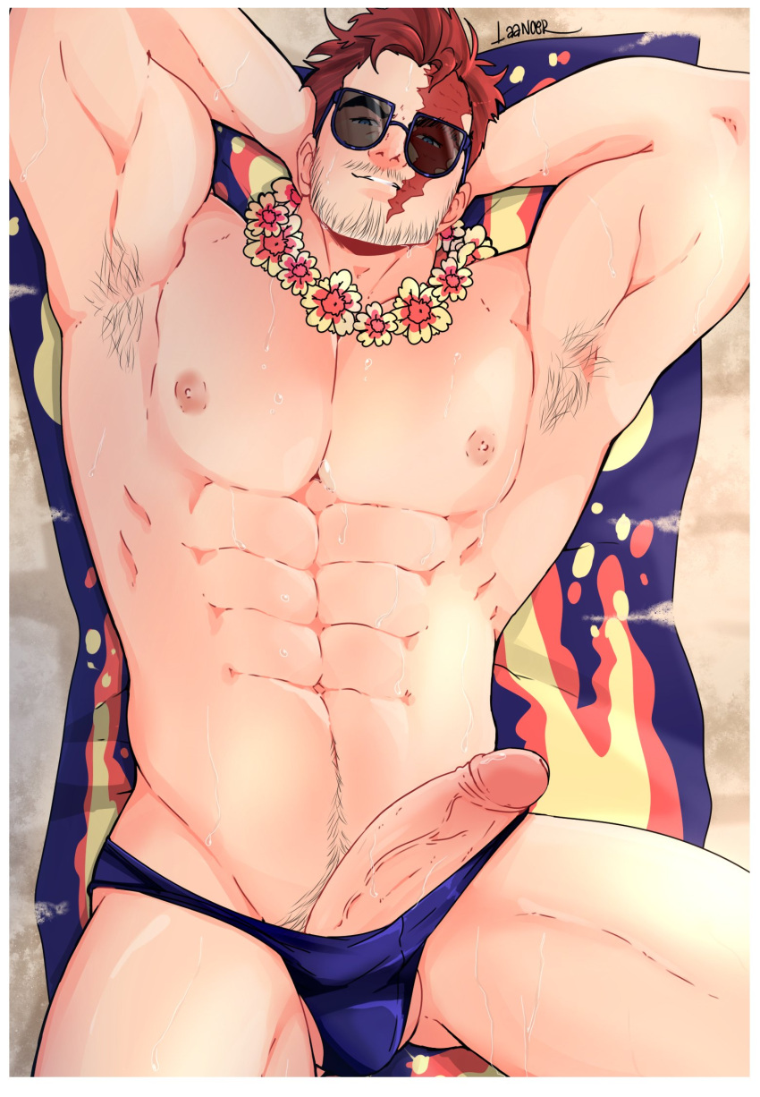 1boy balls bara boner dilf endeavor_(my_hero_academia) enji_todoroki erection facial_hair gay laancer male male_focus male_only muscles muscular muscular_male my_hero_academia penis presenting solo solo_male sunglasses sweaty swimwear wickedsturdy