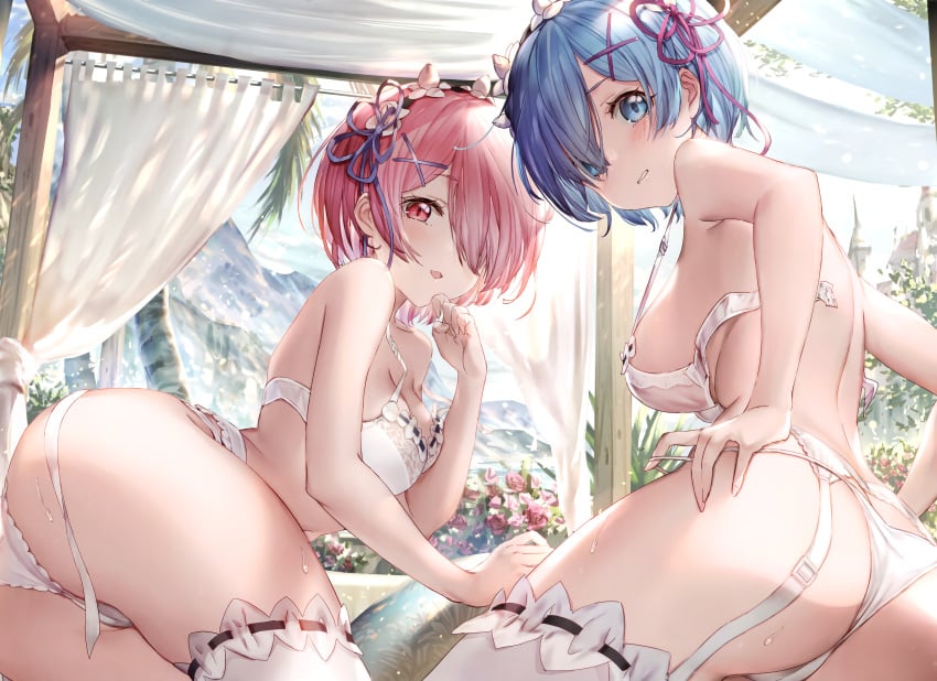 2girls 77gl absurd_res aqua_eyes aqua_hair ass bare_shoulders big_breasts blush bra breasts clenched_teeth curtains embarrassed eyelashes female female_only garter_belt hair_over_one_eye hair_ribbon hand_to_own_mouth hi_res legs legwear lingerie looking_at_viewer looking_back maid_headdress open_bra open_mouth outside panties pink_hair pov ram_(re:zero) re:zero_kara_hajimeru_isekai_seikatsu red_eyes rem_(re:zero) shy sisters stockings stripping sweat sweatdrop thighs undressing white_bra white_legwear white_lingerie white_panties