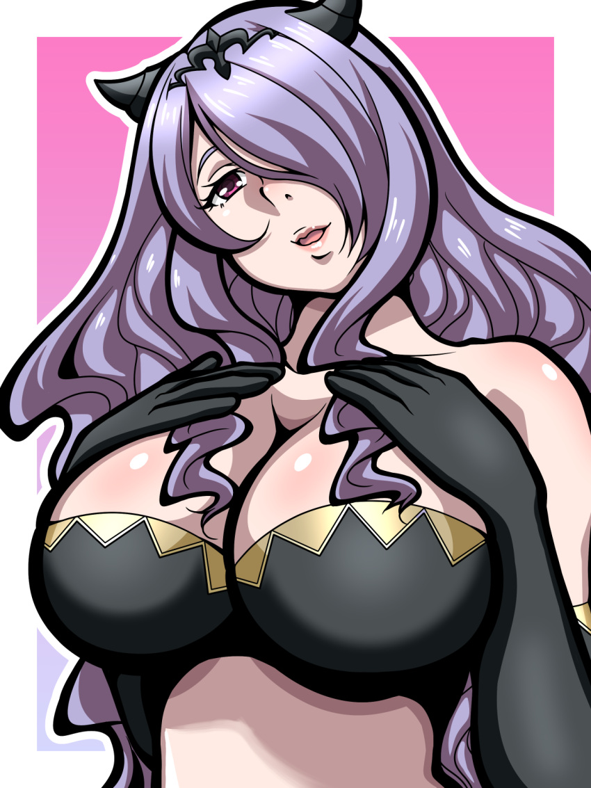 1girls bare_shoulders breasts camilla_(fire_emblem) cleavage elbow_gloves female female_only fire_emblem fire_emblem_fates gloves hair_over_one_eye horns inabakun00 large_breasts long_purple_hair nintendo open_mouth purple_eyes purple_hair purple_hair_over_one_eye smile solo upper_body very_long_hair