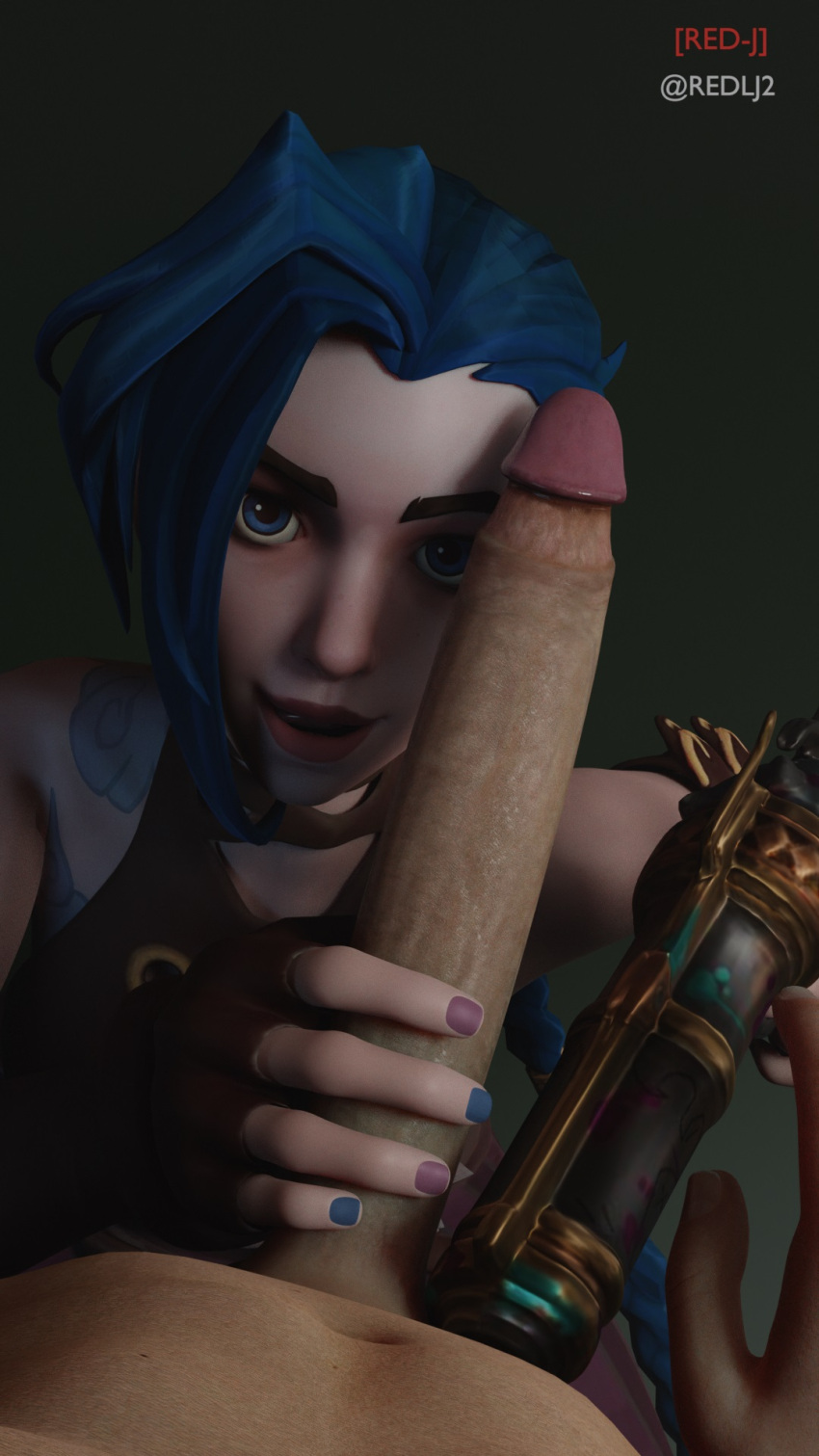 3d arcane arcane_jinx blender blue_eyes blue_hair erection female fortnite handjob imminent_oral jinx_(league_of_legends) league_of_legends long_hair long_penis male oral penis petite rape red-j red_lj seductive_eyes unseen_male_face