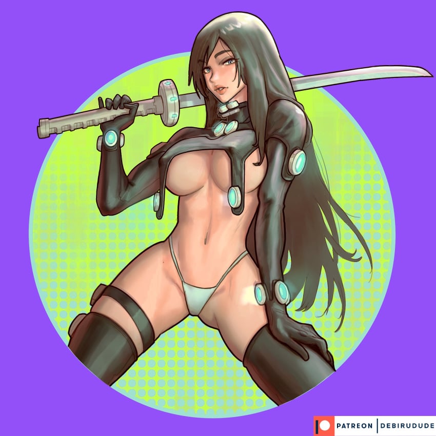 2021 big_breasts black_hair black_legwear black_thighhighs bodysuit covered_nipples debirudude female female_only gantz gantz_suit katana latex_suit long_hair looking_at_viewer nipple_bulge shimohira_reika skin_tight solo sword thick_thighs thigh_strap thighhighs thong underboob weapon white_thong