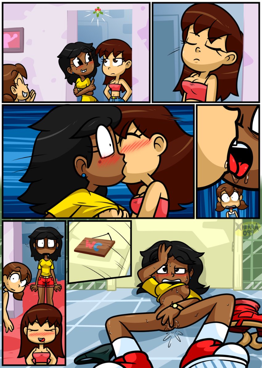 3girls after_masturbation bathroom black_hair breasts breasts_outside brown_eyes brown_hair chloe_(xierra099) chocolate_and_vanilla christmas clitoris comic dark-skinned_female exhausted female_only hand_on_head hand_on_pussy kiss kissing laying_on_floor licking_lips light-skinned_female lovin’sis lucy_(xierra099) masturbation mistletoe multiple_girls nipples nipples_outside pale-skinned_female panties_off pants_off pussy pussy_juice pussy_juice_drip pussy_juice_trail removed_panties shocked sweat sweating tongue_out tongue_to_tongue valerie_(xierra099) xierra099 yuri