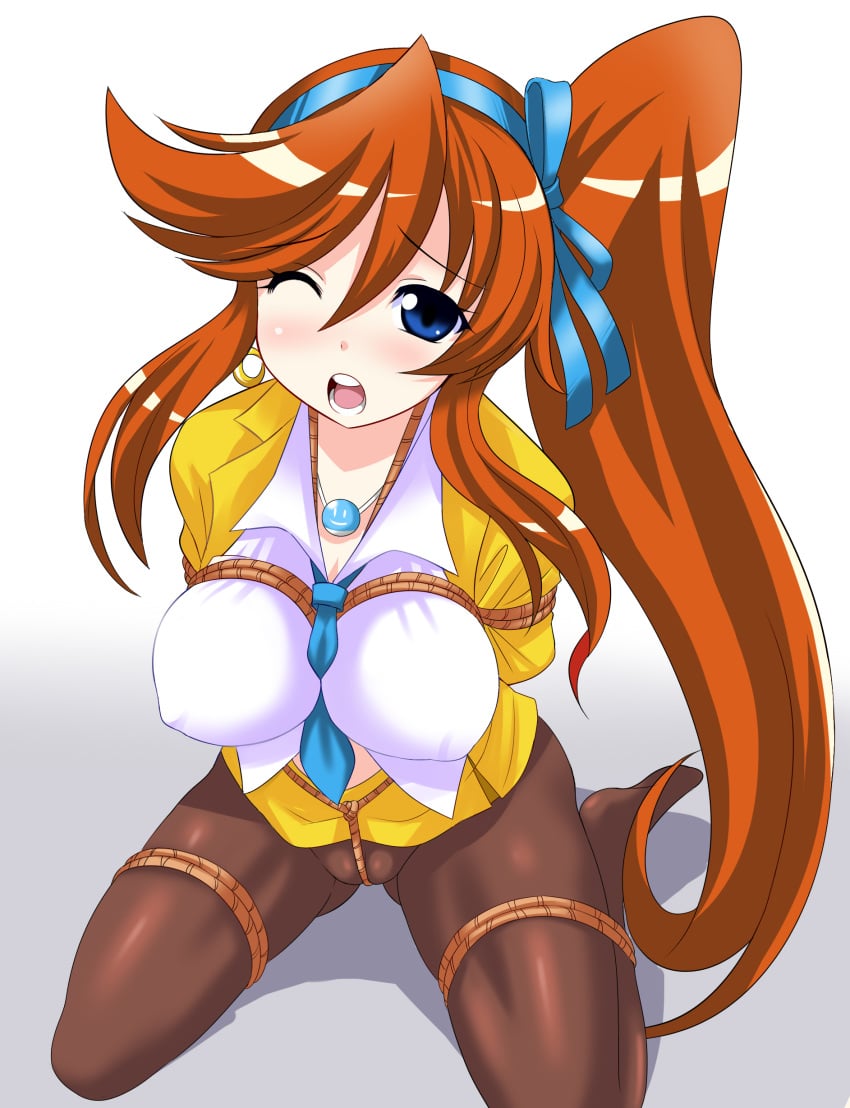 anime_style arms_behind_back arms_tied arms_tied_behind_back asymmetrical_hair athena_cykes big_breasts blue_eyes bondage bound bound_arms bound_legs cameltoe cleavage clothed clothed_female crotch_rope earrings female female_only femsub gyakuten_saiban hair_ornament huge_breasts kneeling konno_tohiro leggings nipple_bulge nipples orange_hair restrained rope rope_between_breasts rope_bondage rope_harness shibari shibari_over_clothes solo solo_female submissive submissive_female thick_thighs very_long_hair widget_(gyakuten_saiban)