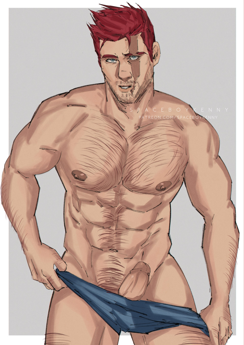 1boy balls bara boner dilf endeavor_(my_hero_academia) enji_todoroki erection gay hairy male male_only muscles muscular my_hero_academia penis solo solo_male spaceboykenny