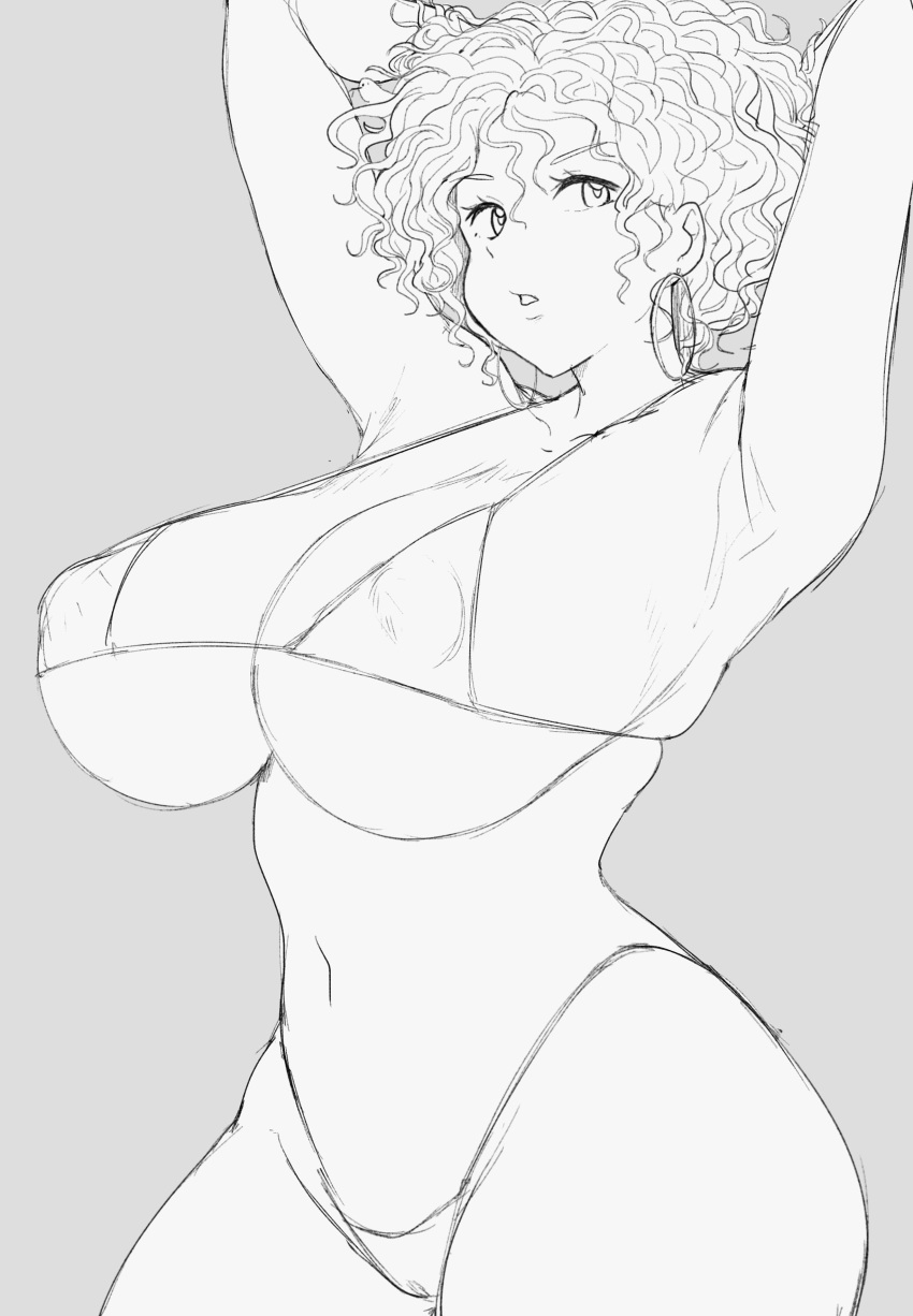 1girls 2021 arms_behind_head bare_arms bare_legs bare_thighs big_breasts bikini breasts curvaceous curvy dasan24 earrings female female_focus hips hoop_earrings large_breasts monochrome nipple_bulge short_hair slim solo solo_female solo_focus swimsuit thighs