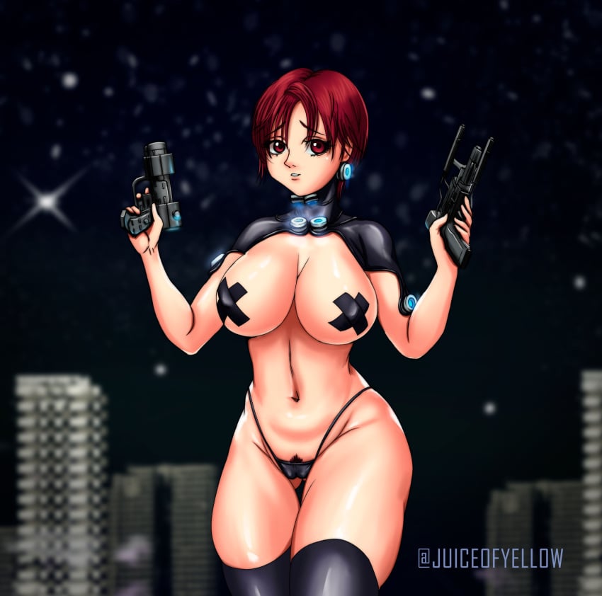 1girls big_breasts black_legwear black_pasties black_thighhighs cleavage female female_only gantz gantz_suit gun juiceofyellow kei_kishimoto latex latex_suit looking_at_viewer nipple_bulge pasties pubic_hair pubic_hair_peek red_eyes red_hair short_hair solo thick_thighs thigh_gap thighhighs thong very_short_hair x_pasties