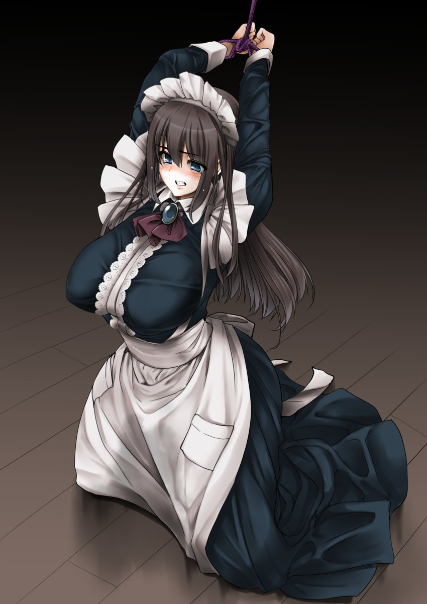 apron arekishi_raiho black_eyes blush bondage bondage bound breasts brown_hair embarrassed female highres large_breasts long_hair maid maid_apron maid_headdress original rope solo