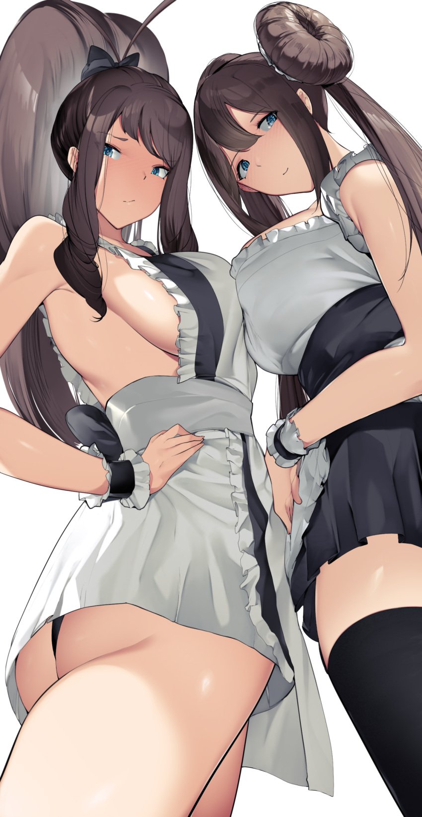 2022 2girls alternate_breast_size ass blue_eyes breast_to_breast breasts brown_hair clothed clothed_female female female_only hi_res hilda_(pokemon) hips large_ass large_breasts long_hair long_ponytail looking_at_viewer low-angle_view maid maid_outfit maid_uniform nintendo pokemon pokemon_bw pokemon_bw2 ponytail rosa_(pokemon) simple_background slim_waist thick_thighs thighs twin_buns twintails white_background wide_hips yuuyuu_(yuuki1771)