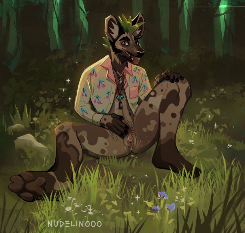 2021 african_wild_dog andromorph anthro artist_name banan_zielony_(dudelinooo) barefoot biped black_eyebrows black_nails bodily_fluids bottomless brown_body brown_fingers brown_fur brown_inner_ear brown_markings brown_pawpads brown_spots canid canine cherry clitoris clothed clothing colored_nails cuntboy detailed_background digital_media_(artwork) eyebrows facial_hair feet flower food forest forest_background front_view fruit full-length_portrait fur genital_fluids genitals grass green_hair hair hand_on_crotch hand_on_knee hand_on_leg hi_res inner_ear_fluff intersex jewelry leaking_pussy male mammal markings mohawk nails nature nature_background necklace nudelinooo open_mouth partially_clothed pattern_clothing pattern_shirt pattern_topwear pawpads plant portrait pussy_juice red_eyes red_tongue rock shirt sitting solo spots spread_legs spreading tan_inner_ear_fluff tan_markings teeth tongue topwear tree tuft yellow_clothing yellow_shirt yellow_topwear