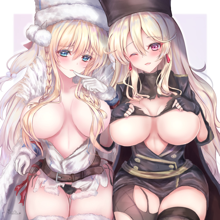 2girls absurd_res belt black_gloves black_panties blonde_hair blue_eyes blush braid dp-28_(girls_frontline) finger_to_mouth fingerless_gloves girls'_frontline hair_over_breasts hat jewelry large_breasts long_hair looking_at_viewer martinreaction mole_under_eye one_eye_closed open_mouth papakha pink_eyes ptrd_(girls'_frontline) simple_background torn_legwear white_gloves