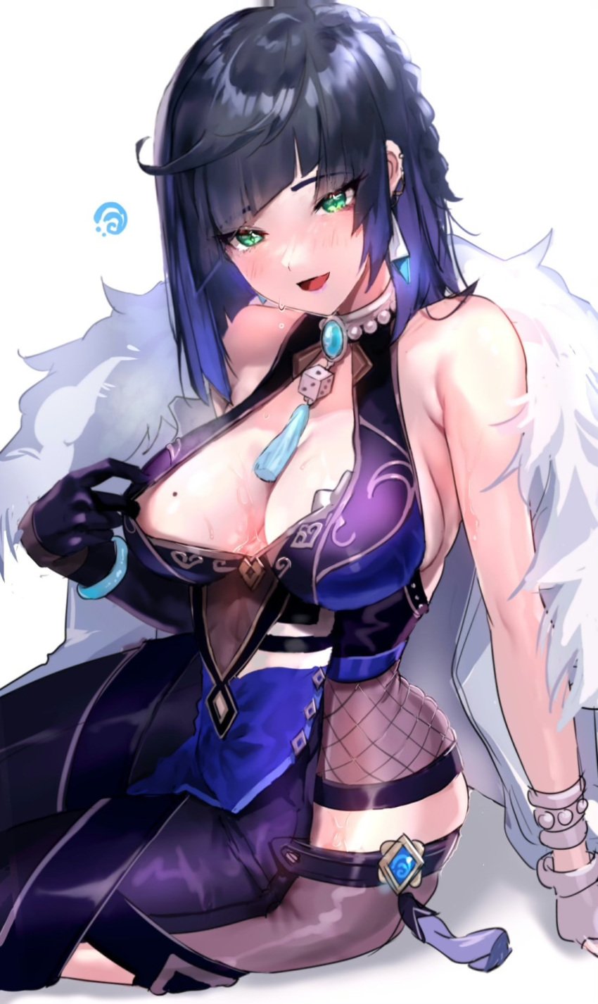 armpits bare_shoulders cleavage coat dark_blue_hair dress fishnets genshin_impact gloves green_eyes large_ass large_breasts lipstick looking_at_viewer mole mole_on_breast nam76num necklace_between_breasts open_mouth pulling_clothing seductive seductive_look see-through_clothing short_hair sitting smiling_at_viewer sweat sweat_on_breasts thick_thighs voluptuous yavalley yelan_(genshin_impact)