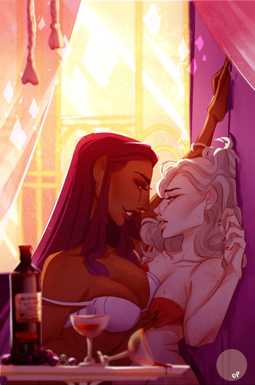 blonde_hair bra brown_skin detailed_background dim_lighting female/female female_only lesbian nadia_satrinava oc purple_hair the_arcana the_arcana_game yuri