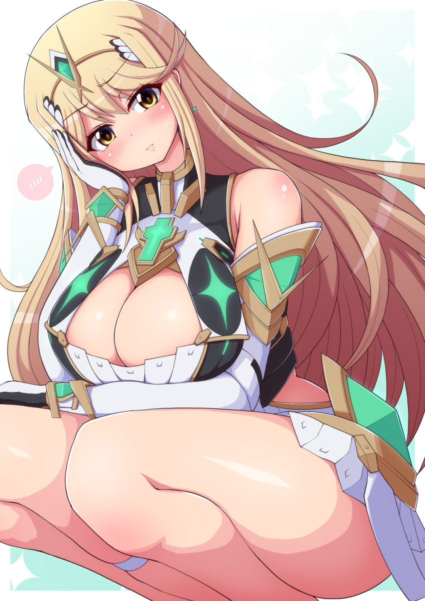 1girls ass bangs bare_shoulders big_breasts blonde_hair blush blush_lines blushing_at_viewer breasts busty chest_jewel cleavage curvy female female_focus female_only gloves jewel large_breasts light-skinned_female light_skin long_gloves long_hair mythra ponpo ponponmaru skirt solo solo_female squatting super_smash_bros. sweatdrop swept_bangs tagme thick_thighs thighs tiara voluptuous xenoblade_(series) xenoblade_chronicles_2 yellow_eyes