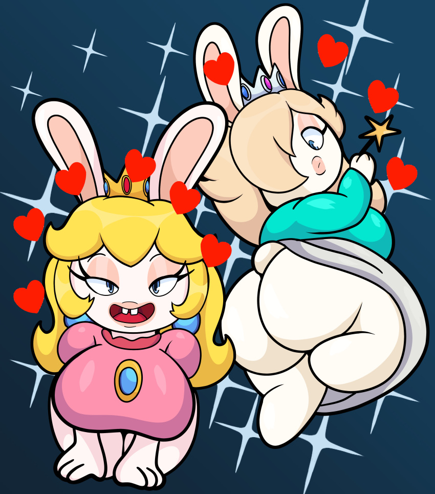 2girls anthro ass bedroom_eyes big_ass big_breasts big_butt big_lips blonde_hair bubble_ass bubble_butt crown cute cute_face dat_ass dress dress_lift earrings eyelashes heart huge_ass huge_breasts looking_at_viewer looking_back looking_down love mario_(series) mario_+_rabbids mario_+_rabbids:_sparks_of_hope nintendo rabbid rabbid_peach rabbid_rosalina raving_rabbids seductive shiny_hair shiny_skin smile someth1ngoranother ubisoft wand