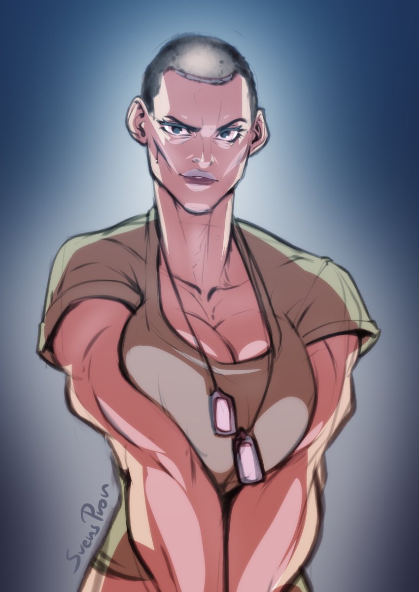 1girls black_hair blood breast_squeeze breasts buzz_cut cleavage cuts demi_moore dog_tags female g.i._jane injury large_breasts lieutenant_jordan_o'neil lips looking_at_viewer military muscular muscular_female solo svenners t-shirt v_arms very_short_hair you_gonna_get_raped