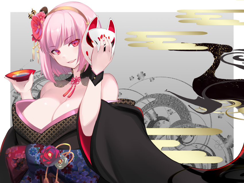 1girls big_breasts cleavage female flower fox_mask hair_ornament headband hololive hololive_english hololive_myth japanese_clothes kimono looking_at_viewer mori_calliope open_mouth pink_hair plate psyg2 red_eyes red_nails shiki_(psychedelic_g2) short_hair solo tagme upper_body virtual_youtuber voluptuous water