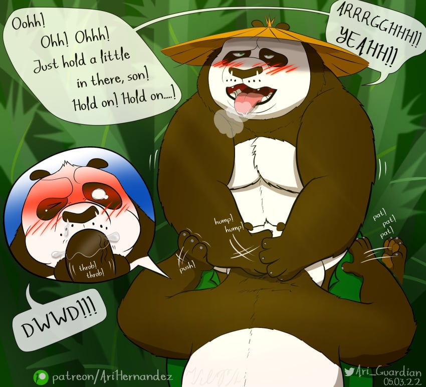 2022 anthro ari_guardian belly big_belly blush clothing dreamworks duo english_text father father_and_child father_and_son fellatio genitals giant_panda hat headgear headwear hi_res humanoid_genitalia humanoid_hands humanoid_penis incest kung_fu_panda li_shan_(kung_fu_panda) male male/male mammal master_po_ping moobs oral oral_sex overweight overweight_male parent parent_and_child penis sex son son_blowing_dad text ursid white_body yaoi