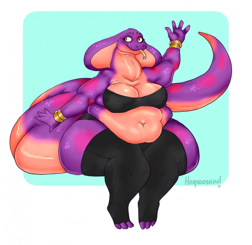 bracelet breast chubby cleavage fat female female_focus female_only haradoshin hips keeshee large_breasts purple_skin sitting snake snake_girl stockings thick_thighs thighs waving wide_hips yellow_eyes