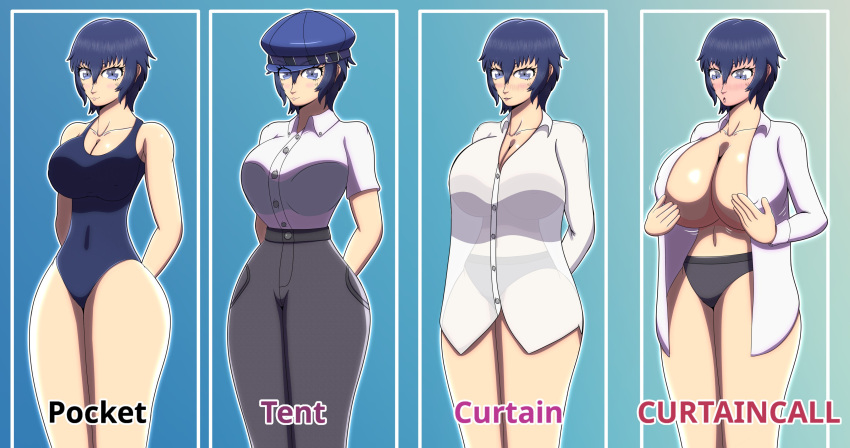 atlus blue_eyes blue_hair breasts curtain_call_challenge female justdrawingjake persona persona_4 shirogane_naoto solo tagme