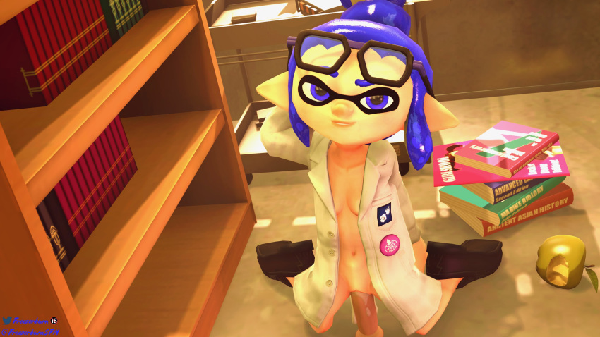 1girls 3d accidental_exposure apple blue_eyes blue_hair book bookshelf breasts convex_(freezerburn) dildo food freezerburnsfm glasses glasses_on_head hand_behind_head inkling inkling_girl labcoat looking_at_viewer on_knees pussy_juice sex_toy sfm shoes source_filmmaker splatoon splatoon_2 stack_of_books vaginal_object_insertion vaginal_penetration