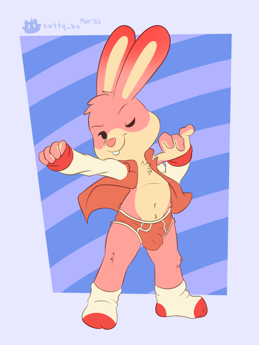 anthro arcade_bunny balls bulge clothing footwear fur genitals hi_res lagomorph leporid looking_at_viewer male male_only mammal nintendo nintendo_badge_arcade nutty_bo penis pink_body pink_fur presenting rabbit simple_background smile smug socks solo teeth underwear video_games