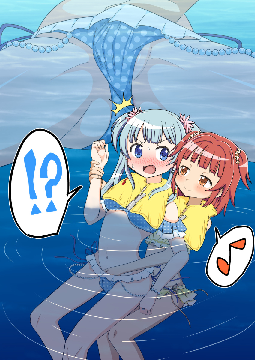 2girls akino_kaede bangs bikini blue_eyes blue_hair blunt_bangs blush breasts fingering hand_under_clothes hand_under_swimsuit highres long_hair magia_record:_mahou_shoujo_madoka_magica_gaiden mahou_shoujo_madoka_magica medium_hair minami_rena multiple_girls nann_tou open_mouth orange_eyes red_hair short_hair short_twintails smile swimsuit twintails two_side_up yuri