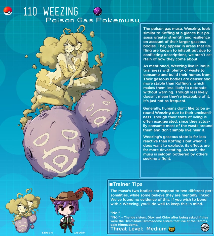 2girls air_creature air_humanoid cloud_humanoid creature_index english_text fangs hi_res humanoid kinkymation nintendo page_110 page_number pokémon_(species) pokedex pokemon pokemon-girl_encyclopedia pokemorph pokemusu profile tagme text_box weezing yellow_body