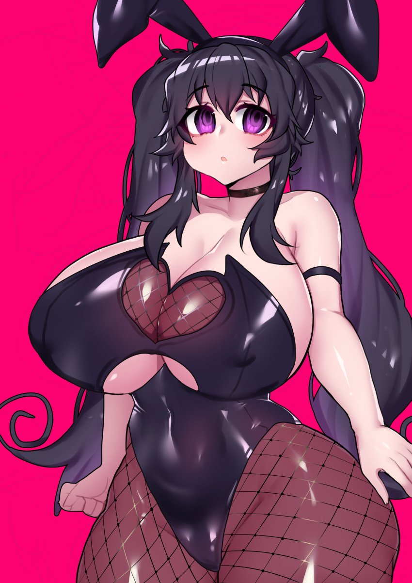 1girls alternate_version_available armband black_hair blush blushing boob_window bunny_ears bunny_girl bunnysuit choker chubby cleavage crawling_dreams curvy eyebrows eyebrows_visible_through_hair eyelashes eyelashes_visible_through_hair fishnet_legwear fishnets fist huge_ass lewdweather long_hair merryweather messy_hair nipple_bulge nyarla_(crawling_dreams) osiimi pantyhose pink_background puffy_nipples purple_eyes purple_hair sideboob simple_background thick_thighs tight_clothing twintails underboob underboob_cutout