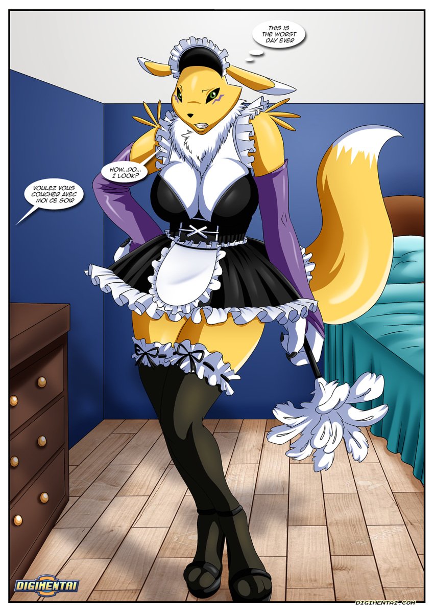 big_breasts blush comic dialogue digihentai digimon digimon_tamers dirty_gamers furry maid maid_uniform palcomix renamon