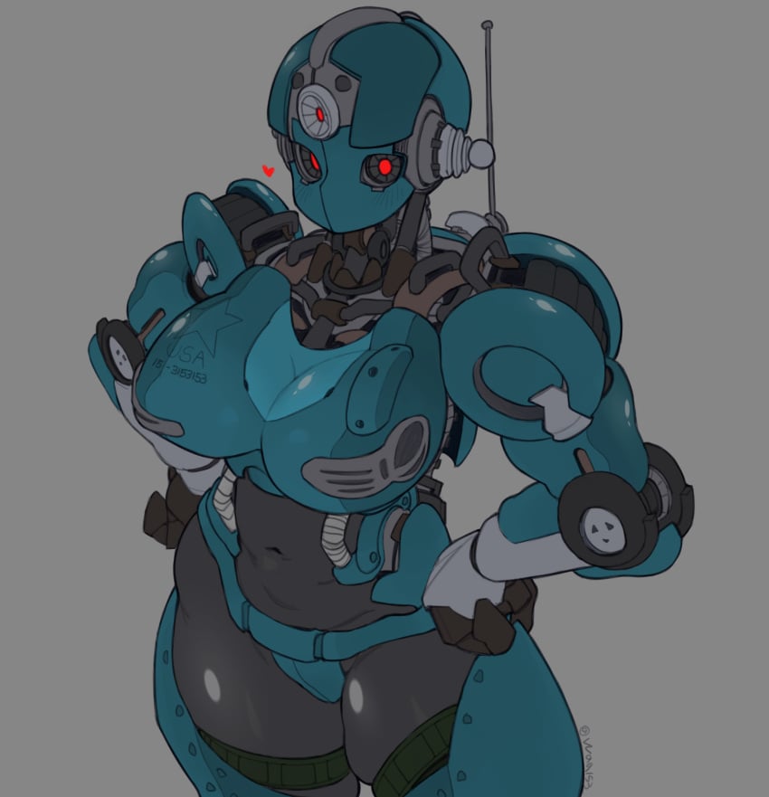 assaultron assaultron_(fallout) athletic_female belly belly_button bethesda_softworks blush breasts claw_hands fallout female female_only greyscale guityg hands_on_hips heart large_breasts red_eyes robot robot_girl robot_humanoid simple_background solo solo_female solo_focus solo_robot thick_thighs thigh_squish thighs waa153