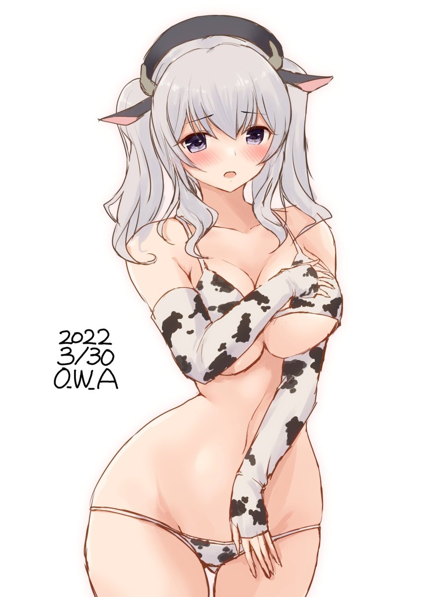 animal_ears animal_print ass_visible_through_thighs bikini blue_eyes breasts commentary_request cow_ears cow_horns cow_print dated elbow_gloves fake_animal_ears fake_horns female fingerless_gloves gloves highres horns kantai_collection kashima_(kantai_collection) large_breasts lowleg lowleg_bikini one-hour_drawing_challenge owa_(ishtail) sidelocks silver_hair simple_background swimsuit twintails twitter_username wavy_hair white_background white_bikini white_gloves