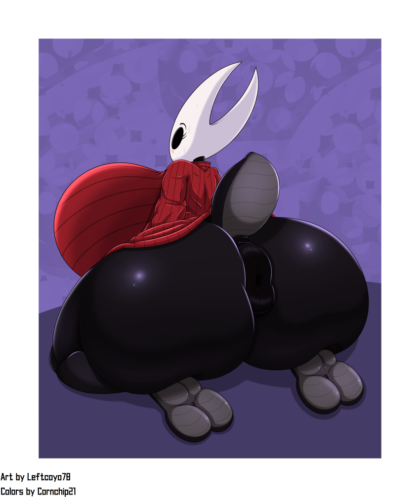 absurd_res anthro anus arthropod ass ass_expansion big_anus big_breasts big_butt black_body blush bodily_fluids bottomless breast_expansion breasts clothed clothing cornchip21 donut_anus female hi_res hollow_knight hornet_(hollow_knight) huge_anus huge_breasts huge_butt hyper hyper_breasts hyper_butt insects kneeling leftcoyo78 non-mammal_breasts puffy_anus solo sweat sweater team_cherry topwear video_games