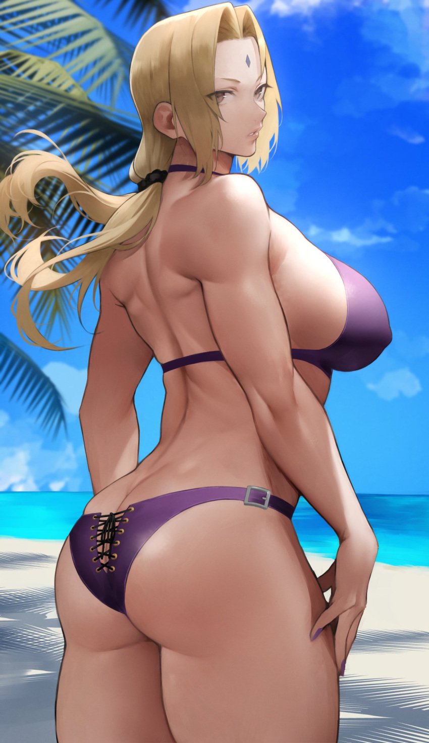 1girls ass ass_cleavage bangs bare_shoulders beach bikini blonde_female blonde_hair blue_sky breasts brown_eyes butt_crack cloud day female female_focus forehead_jewel from_behind highres large_breasts long_hair looking_at_viewer mature mature_female mature_woman milf muscular muscular_female nail_polish naruto naruto_(series) naruto_shippuden palm_tree parted_bangs parted_lips purple_bikini purple_nails sideboob skindentation sky solo solo_female standing swimsuit thighs tree tsunade yoshi55level yoshio_(55level)