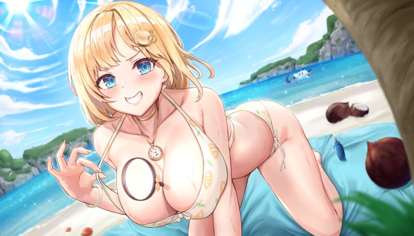 1girls 2d 3girls absurdres bangs beach beach_mat between_breasts bigger_version_at_the_source bikini blonde_hair blue_sky breasts cleavage cloud cloudy_sky coconut day female female_focus gawr_gura grin group hair_ornament halterneck highres hololive hololive_english hololive_myth jewelry kuutamo large_breasts leaning_forward looking_at_viewer magnifying_glass monocle_hair_ornament multiple_girls necklace ninomae_ina'nis outdoors sand short_hair side-tie_bikini sky smile solo_focus stopwatch swimsuit teeth tentacle virtual_youtuber watch water watson_amelia white_bikini