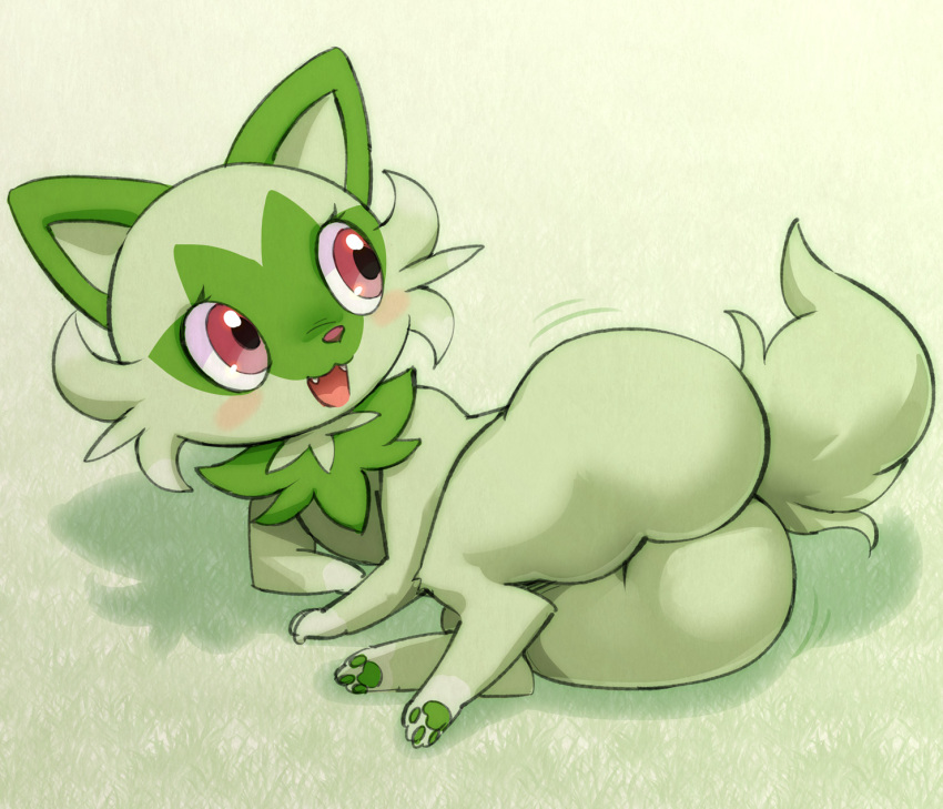 2022 ass big_ass big_butt blush butt cat cat_ears cat_tail feline female female_focus female_only feral fluffy_tail fur furry furry_only game_freak green_background green_fur green_skin green_tail huge_ass lying mammal melonleaf motion_lines nintendo open_mouth paws pokémon_(species) pokemon pokemon_sv presenting red_eyes sharp_teeth solo sprigatito tail thick_thighs video_games