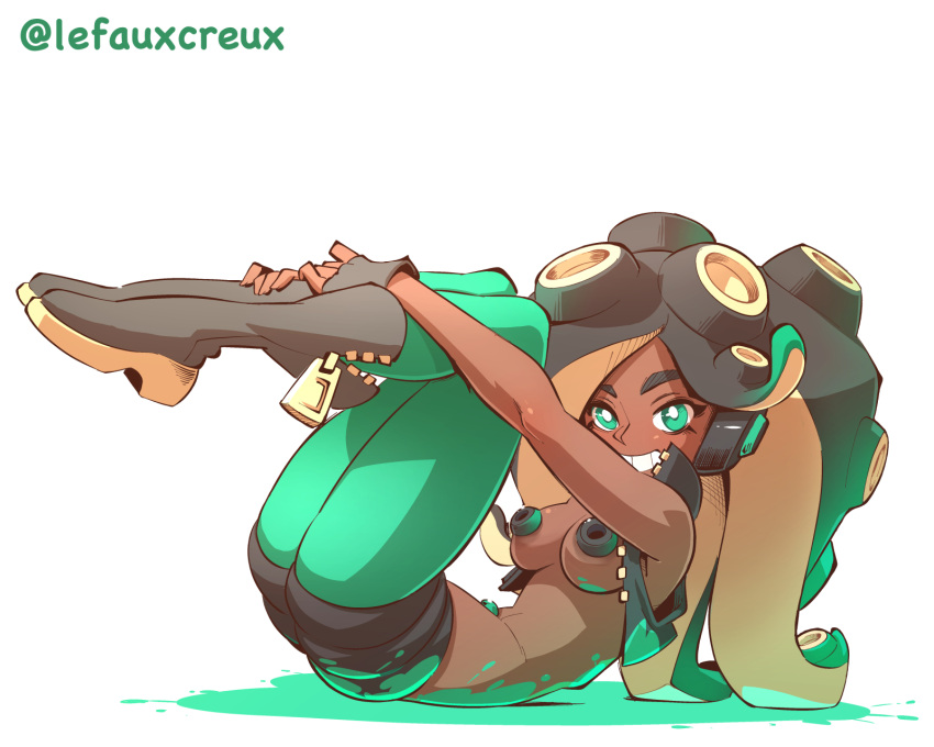 1girls anthro athletic athletic_female breasts breasts_out creux dark-skinned_female different_nipple_format female female_focus female_only half-dressed holding_legs hourglass_figure laying_down marina_(splatoon) nintendo non-human_nipples octoling pinup pinup_pose pose posing smile smiling smiling_at_viewer solo source_request splatoon splatoon_2 squid topless wide_hips